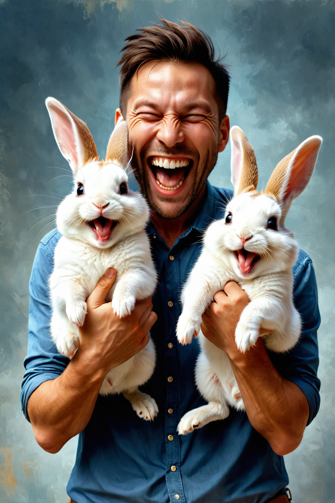 20240224065223 2681643954 by  Chizuko Yoshida  and  Tatiana Ilina ,  man holding up two cute bunnies while laughing maniacally, dual wielding bunnies _lor.png